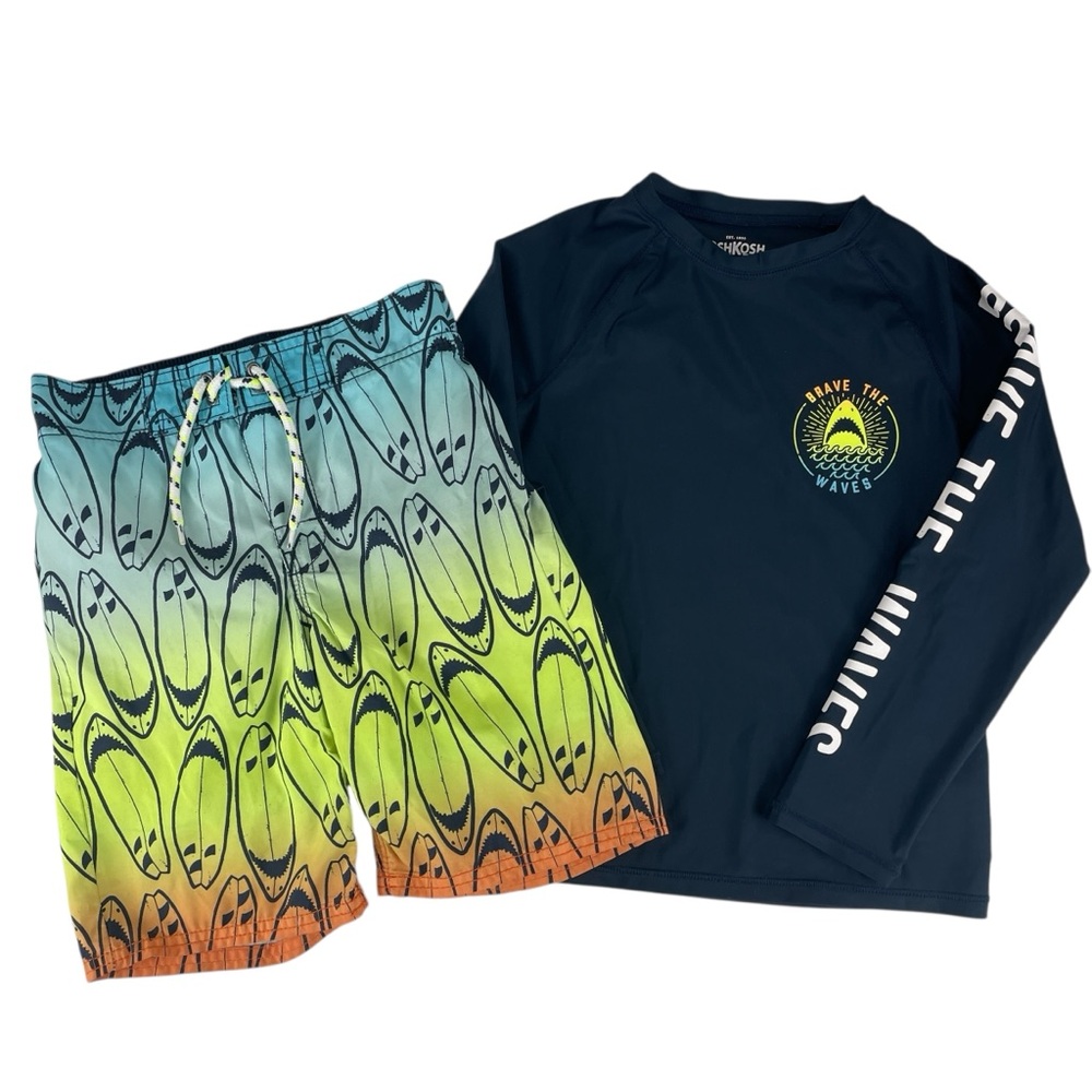 OshKosh Boys 2 Piece Swim Long Sleeve Rashguard and Shorts Trunks Set Size 7